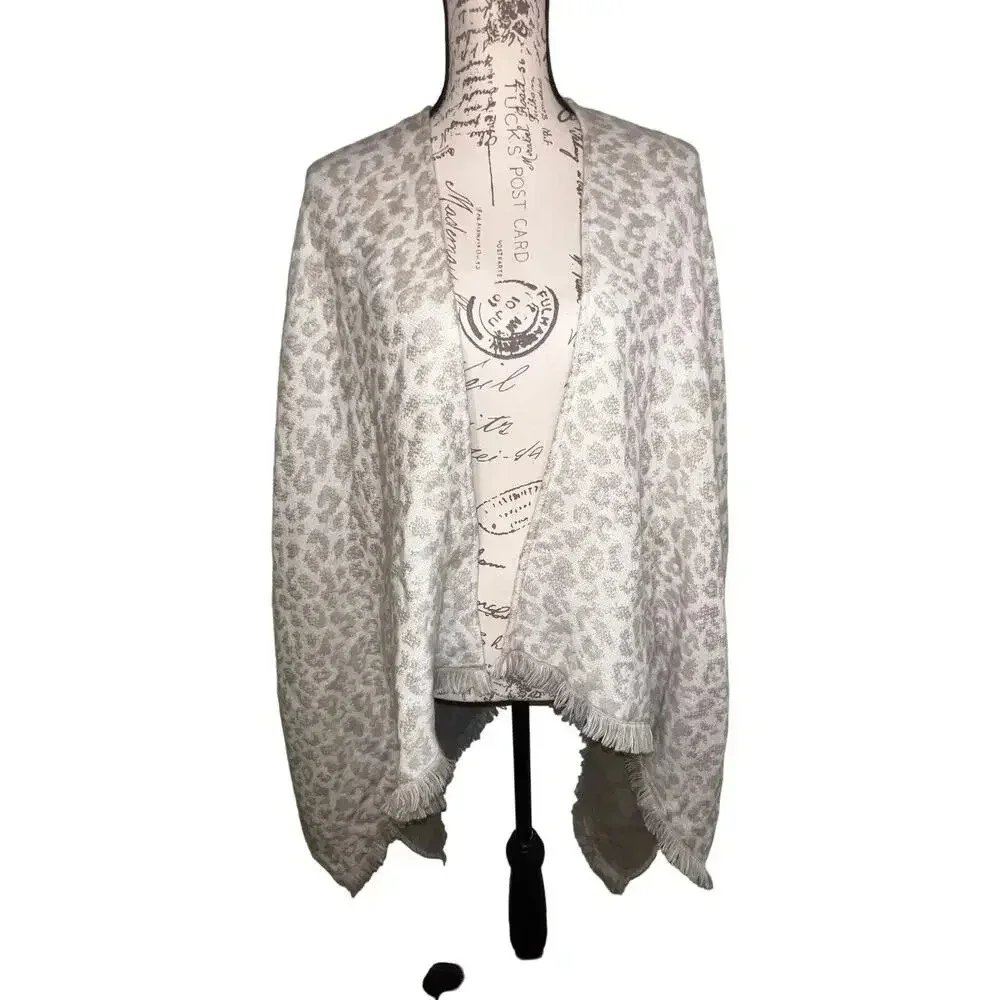 Snow‎ Leopard print Cozy Poncho with fringe asymmetrical hem L=32-42” W=50”
